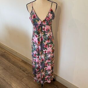 VTG Pineapple Moon Floral Maxi Slip Dress with Spaghetti Straps Tropical Large
